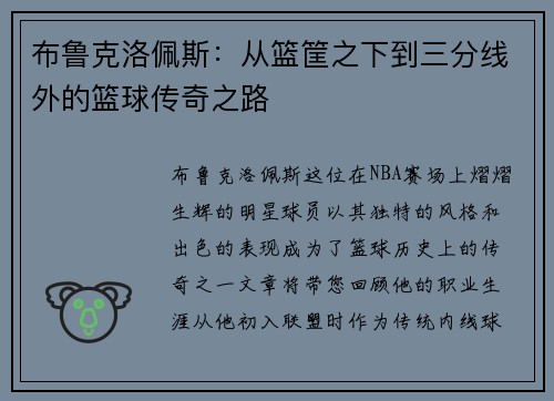 布鲁克洛佩斯：从篮筐之下到三分线外的篮球传奇之路
