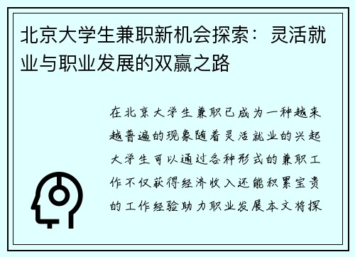 北京大学生兼职新机会探索：灵活就业与职业发展的双赢之路