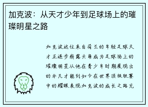 加克波：从天才少年到足球场上的璀璨明星之路