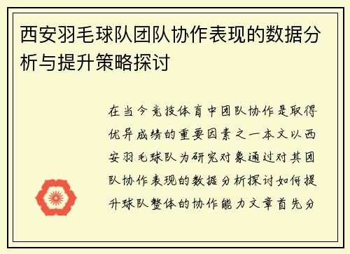 西安羽毛球队团队协作表现的数据分析与提升策略探讨