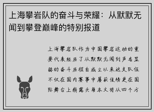 上海攀岩队的奋斗与荣耀：从默默无闻到攀登巅峰的特别报道