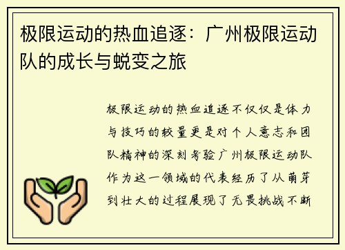 极限运动的热血追逐：广州极限运动队的成长与蜕变之旅