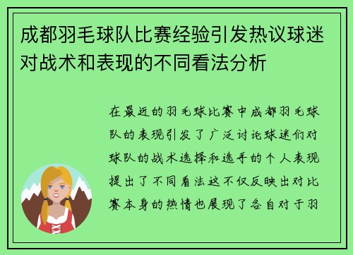成都羽毛球队比赛经验引发热议球迷对战术和表现的不同看法分析