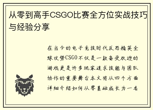 从零到高手CSGO比赛全方位实战技巧与经验分享