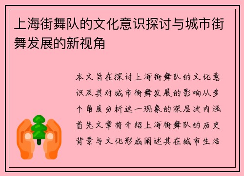 上海街舞队的文化意识探讨与城市街舞发展的新视角